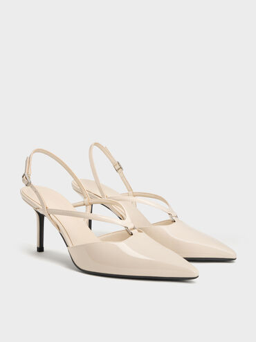 Patent V-Strap Slingback Pumps, Chalk, hi-res