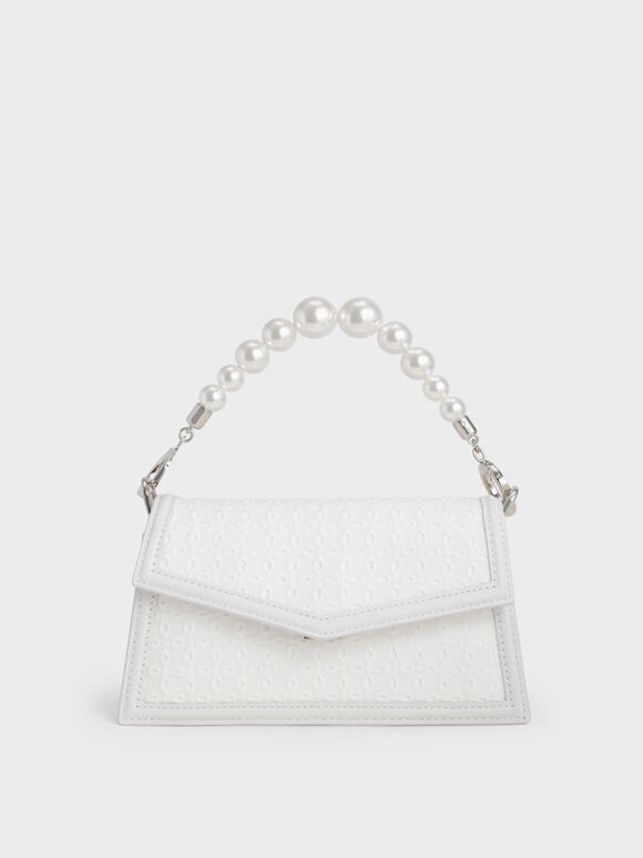 The Bridal Collection: Leather & Lace Bead-Handle Bag, White, hi-res