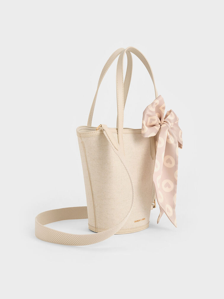 Sianna Linen Scarf-Print Tote Bag, Beige, hi-res