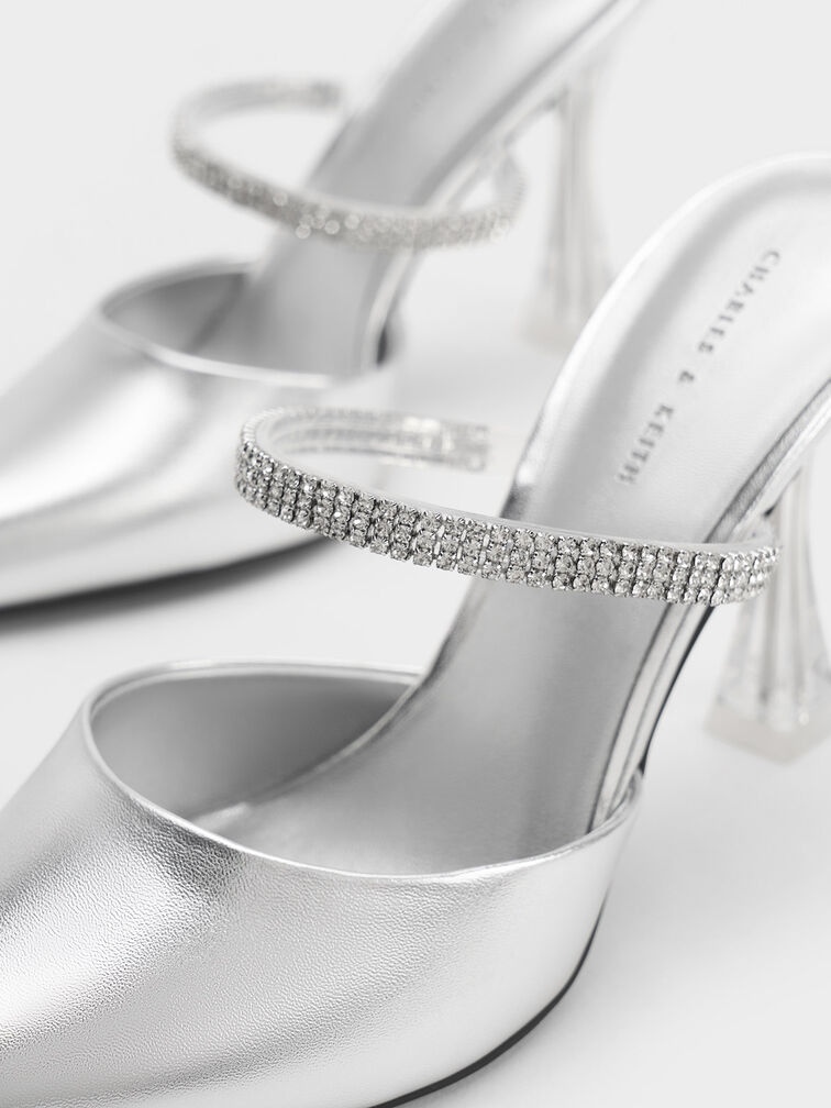 Gem Strap Metallic Mules, Silver, hi-res