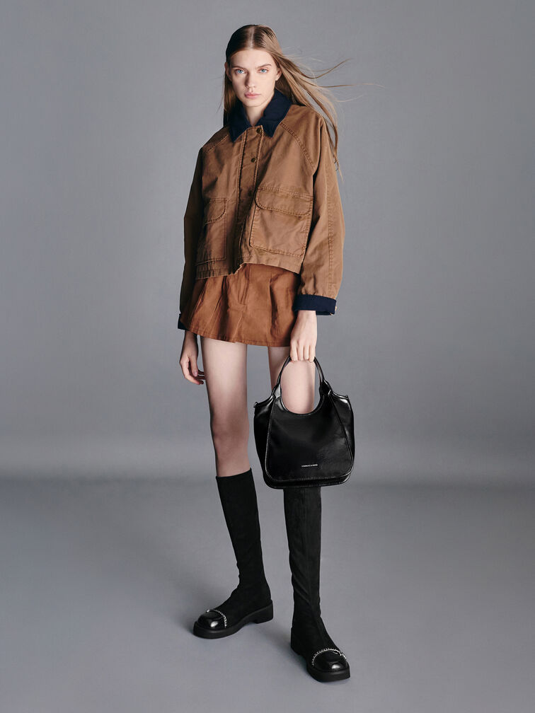 กระเป๋าโท้ทดีไซน์ทรงโค้งขนาดมินิรุ่น Sianna, สีดำอะไหล่สีเงิน, hi-res