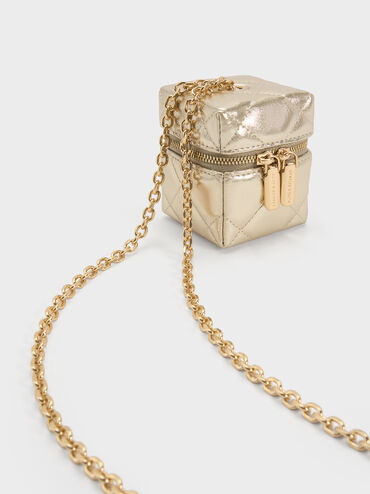 กระเป๋าเพาช์ขนาดไมโครดีไซน์ลายควิลท์เมทัลลิคพร้อมสายโซ่รุ่น Janie, สีแชมเปญ, hi-res