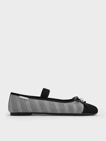 Knitted Pearl-Accent Bow Ballet Flats, Silver, hi-res