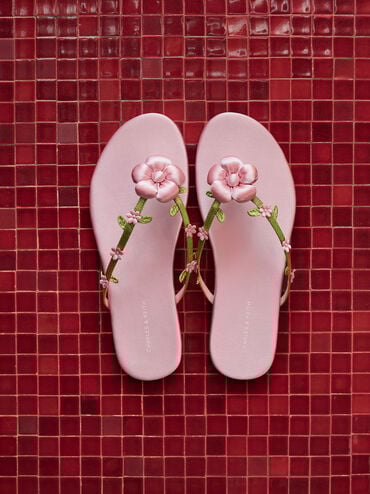 รองเท้าแตะหนีบประดับดอกไม้บุนวม, สีชมพู, hi-res