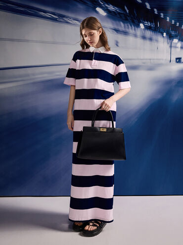 กระเป๋าสะพายข้างทรง Satchel ดีไซน์หูจับด้านบนรุ่น Lennie, สีดำ, hi-res