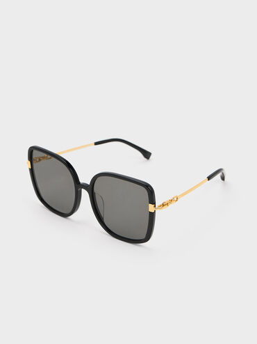 Oversized Square Chain-Link Sunglasses, สีดำ, hi-res