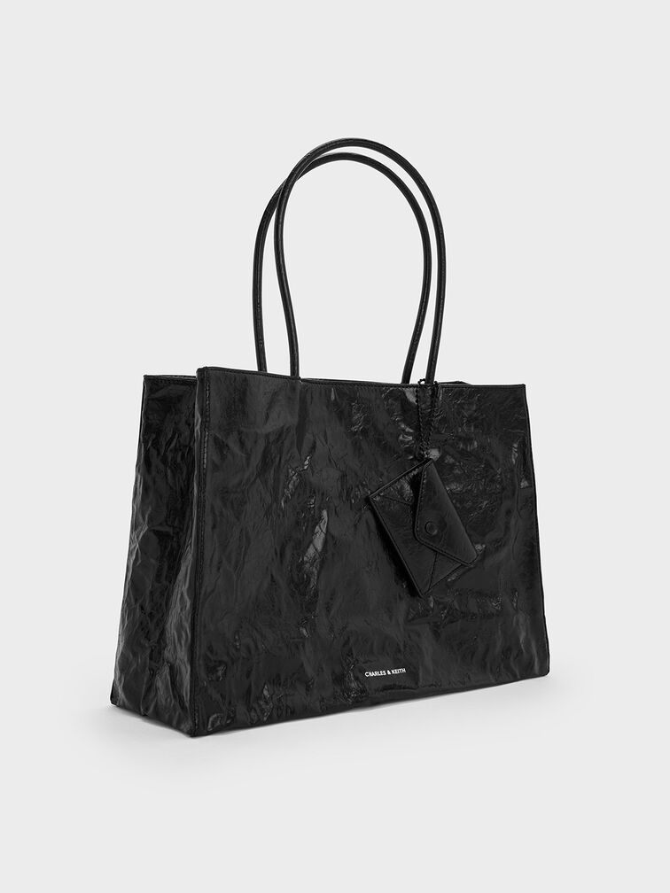 กระเป๋าโท้ทขนาดใหญ่ลายย่นรุ่น Matina, สีดำอะไหล่สีดำ, hi-res