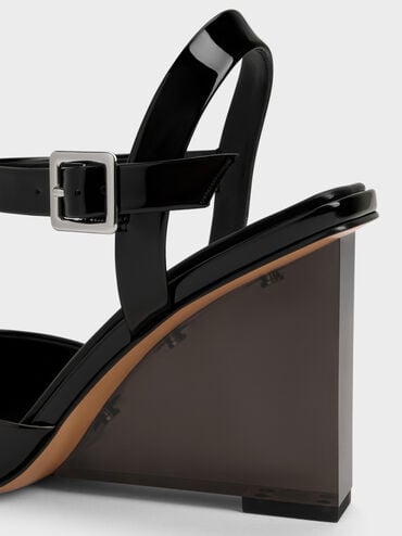 Patent Translucent-Heel Ankle-Strap Wedges, Black Patent, hi-res
