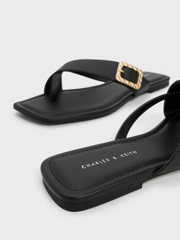 Quilted Buckle Thong Sandals, Black, hi-res
