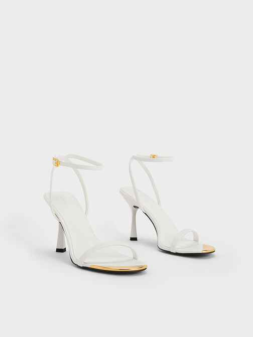 Metallic Cap Ankle-Strap Heeled Sandals, สีขาว, hi-res