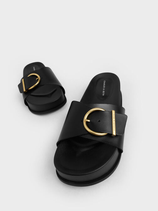 Metallic Buckle Flatform Sandals, , hi-res
