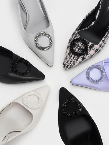 Tweed Beaded Circle Slingback Pumps, สีชมพู, hi-res