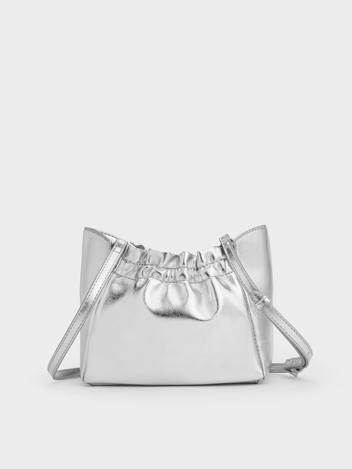 Brigette Ruched Glittered Chain-Handle Shoulder Bag, Silver, hi-res