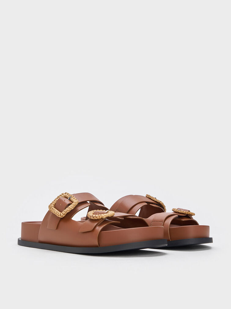 Woven-Buckle Double-Strap Sandals, Brown, hi-res