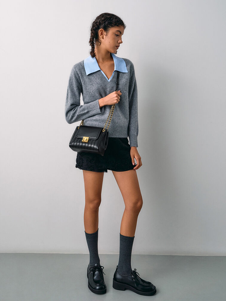 Donna Crinkle-Effect Shoulder Bag, Black, hi-res