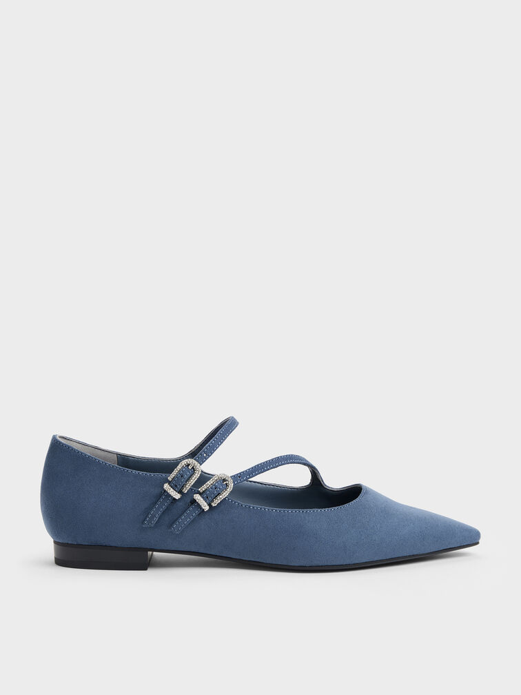 Faux Suede Crystal-Buckle Double-Strap Mary Janes, Blue, hi-res