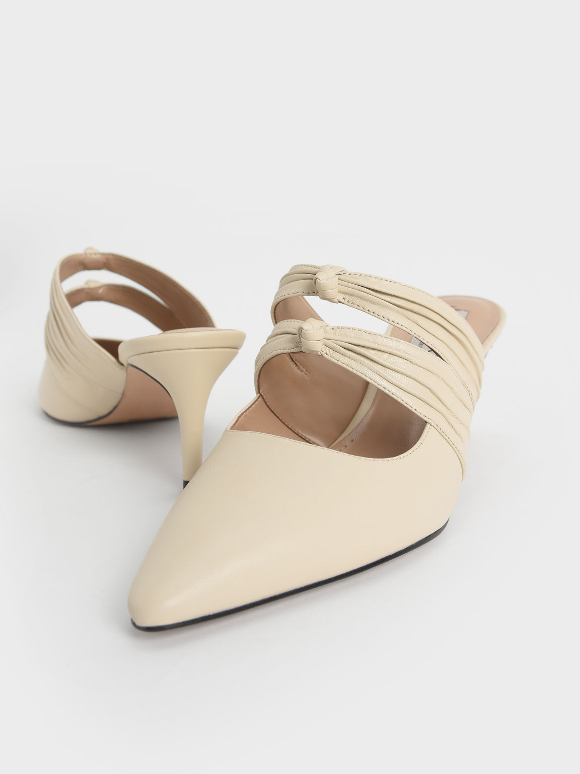 Leather Knot Detail Heeled Mules, Cream, hi-res