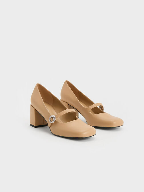 Crystal-Embellished Mary Jane Pumps, Camel, hi-res