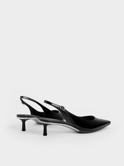 รองเท้าส้นสูงหนังแก้วแบบรัดส้นดีไซน์หัวรองเท้าแบบแหลม, หนังแก้วสีดำ, hi-res