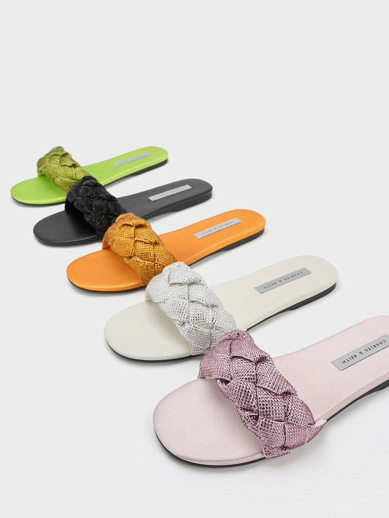 Gem-Embellished Braided Strap Slides, สีดำ, hi-res