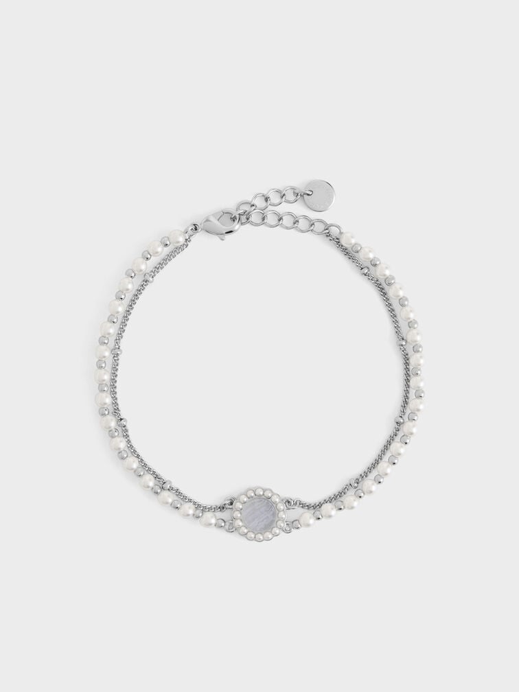 Pearl & Gemstone Double-Chain Bracelet, Light Blue, hi-res