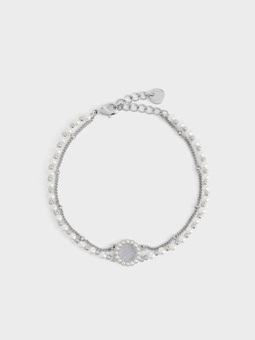 Pearl & Gemstone Double-Chain Bracelet, Light Blue, hi-res