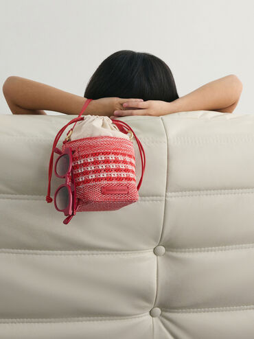 Girls' Ida Knitted Gingham Bucket Bag, Gingham Red, hi-res