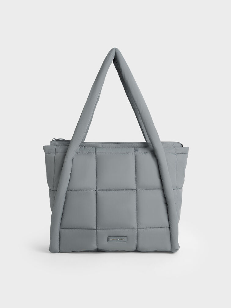 Errya Nylon Quilted Puffy Tote Bag, Grey, hi-res