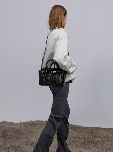 Mini Delfina Croc-Effect Belted Tote Bag, Black Croco, hi-res