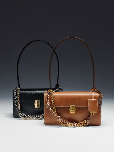 กระเป๋าสะพายไหล่ดีเทลสายโซ่และเกลียวเชือกรุ่น Acelynn, สีดิสเทรสด์แทน, hi-res