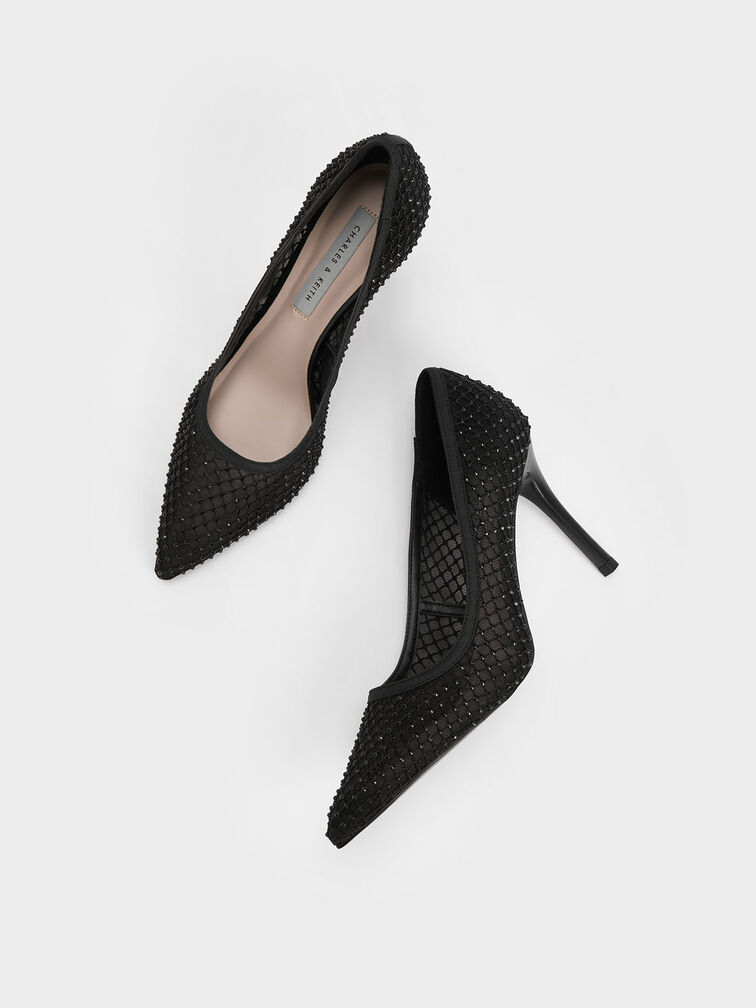 Gem-Encrusted Mesh Heeled Pumps, , hi-res