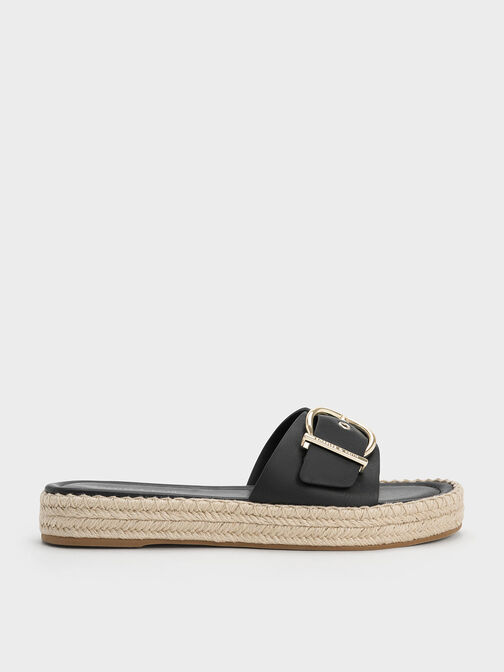 Buckled Espadrille Flat Sandals, สีดำ, hi-res