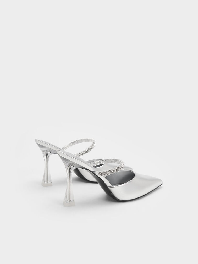 Gem Strap Metallic Mules, สีเงิน, hi-res