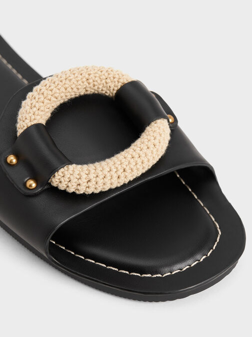Raffia Ring Slide Sandals, Black, hi-res