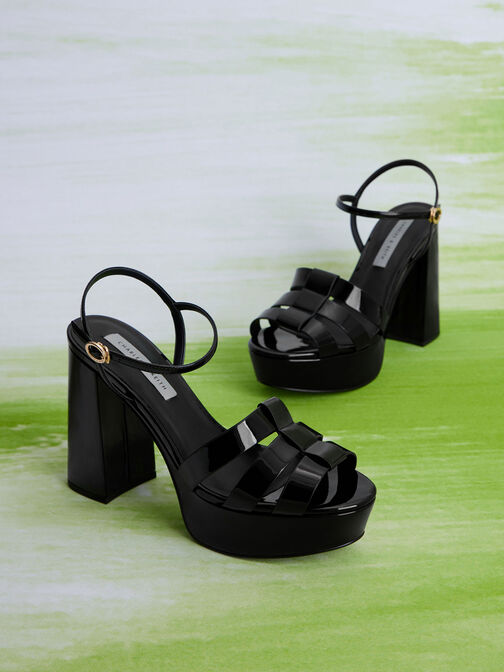 Patent Gladiator Platform Sandals, สีดำ, hi-res