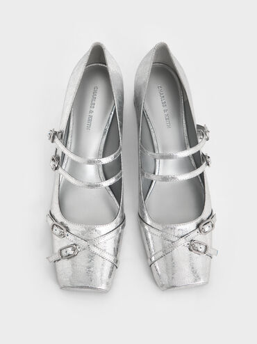 Metallic Crinkle-Effect Double-Strap Mary Jane Pumps, Silver, hi-res
