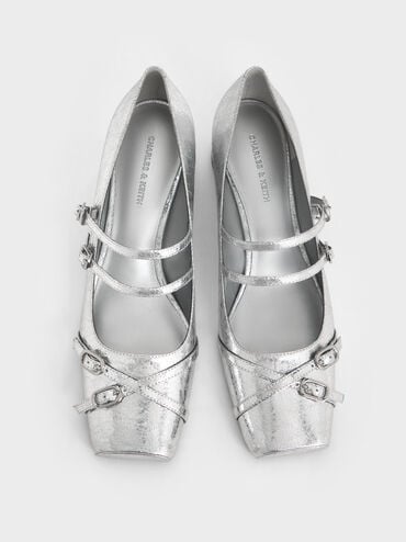 Metallic Crinkle-Effect Double-Strap Mary Jane Pumps, Silver, hi-res