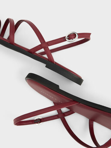 Asymmetric Triple-Strap Sandals, สีเบอร์กันดี, hi-res