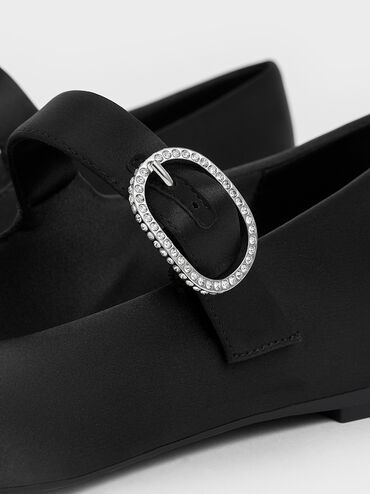 Jannie Satin Crystal-Buckle Mary Janes, Black Textured, hi-res