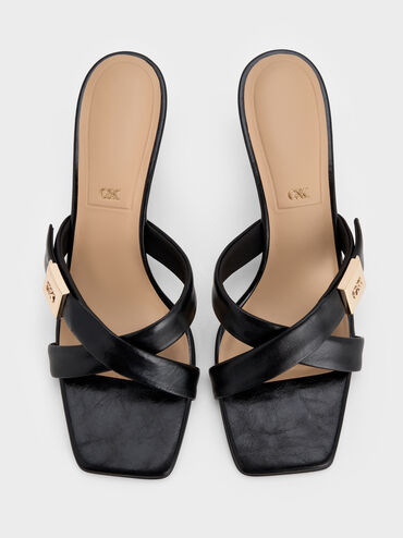 Cody Leather Crossover-Strap Heeled Sandals, Black, hi-res