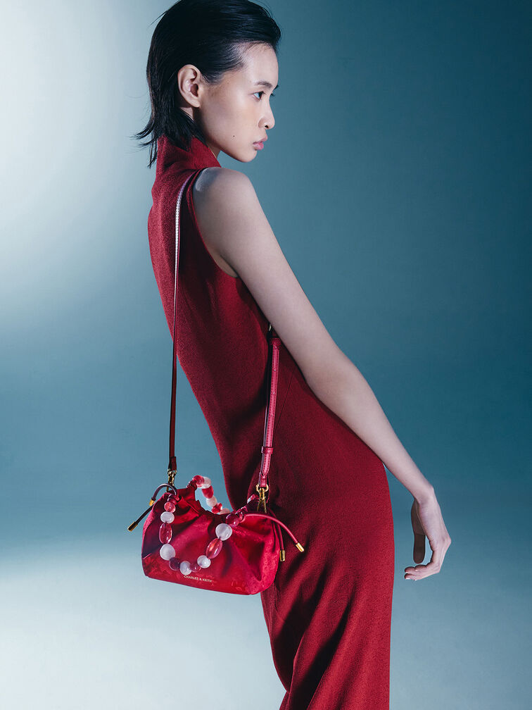 Aviary Jacquard Beaded-Handle Bag, Crimson Red, hi-res