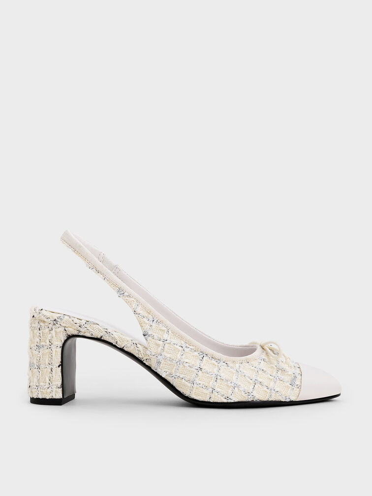 Tweed Bow Cap-Toe Slingback Pumps, Multi, hi-res