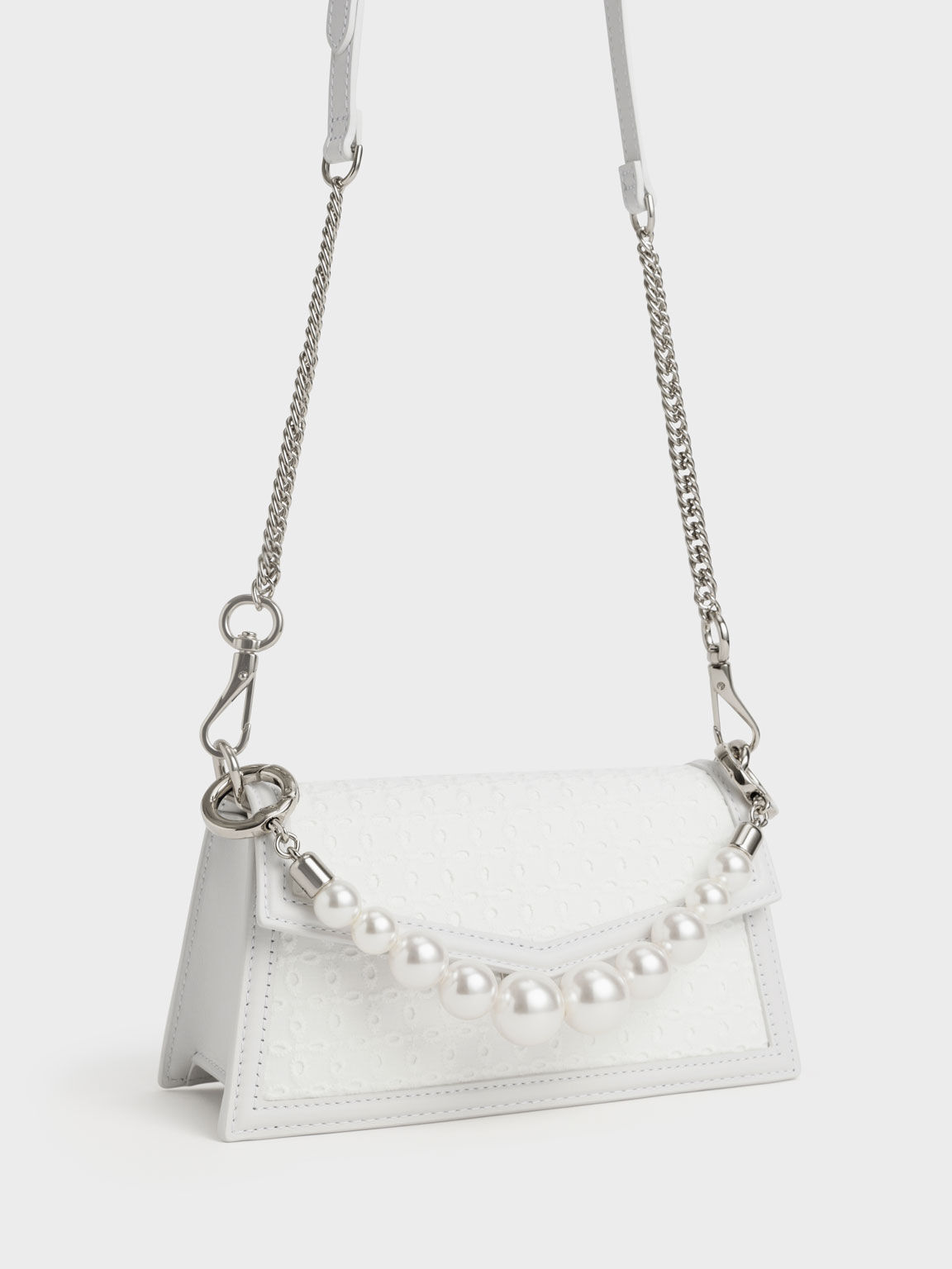 The Bridal Collection: Leather & Lace Bead-Handle Bag, White, hi-res