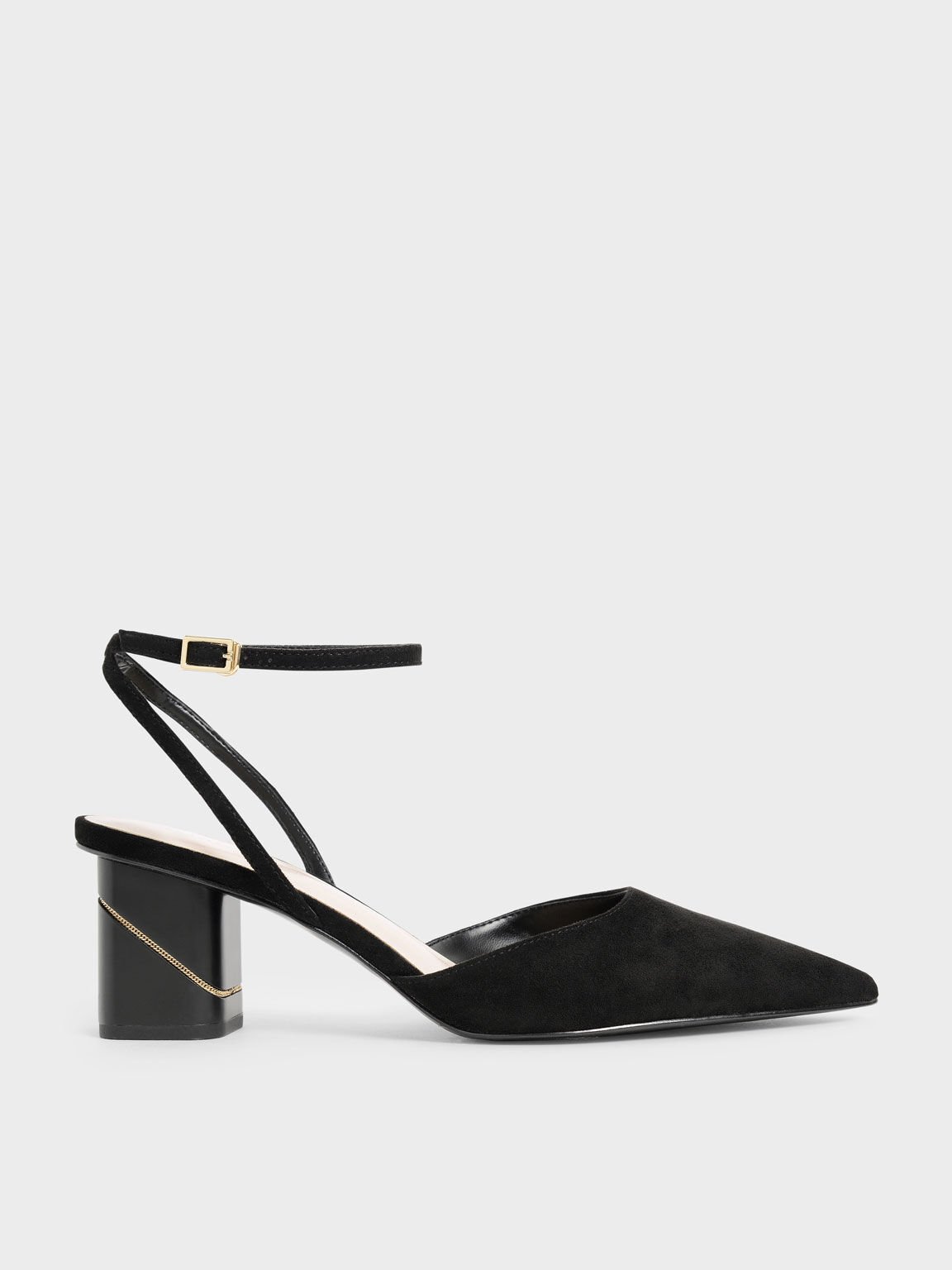Textured Ankle Strap Pointed Toe Pumps, Black, hi-res