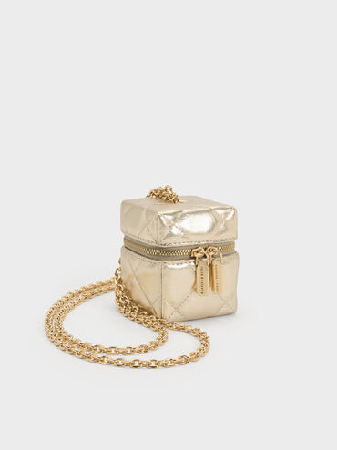 กระเป๋าเพาช์ขนาดไมโครดีไซน์ลายควิลท์เมทัลลิคพร้อมสายโซ่รุ่น Janie, สีแชมเปญ, hi-res