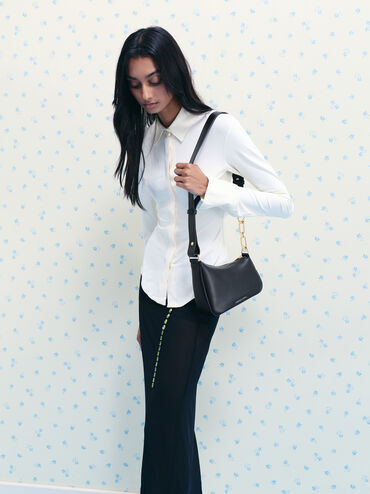 กระเป๋าสะพายไหล่ขนาดเล็กสายประดับโซ่รุ่น Agatha, สีดำ, hi-res