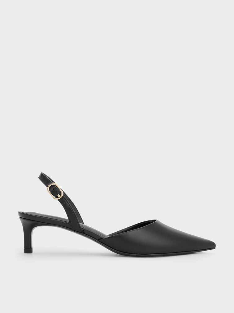 Pointed-Toe Slingback Kitten Heels, Black, hi-res