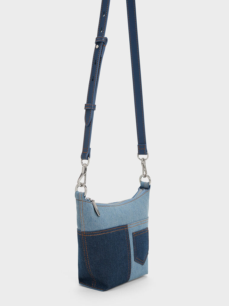 Anthea Denim Contrast-Trim Shoulder Bag, สีเดนิมบลู, hi-res