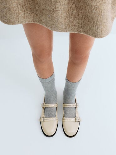 รองเท้าแมรี่เจนลายฉลุพร้อมสายรัดแบบคู่, สีเบจ, hi-res