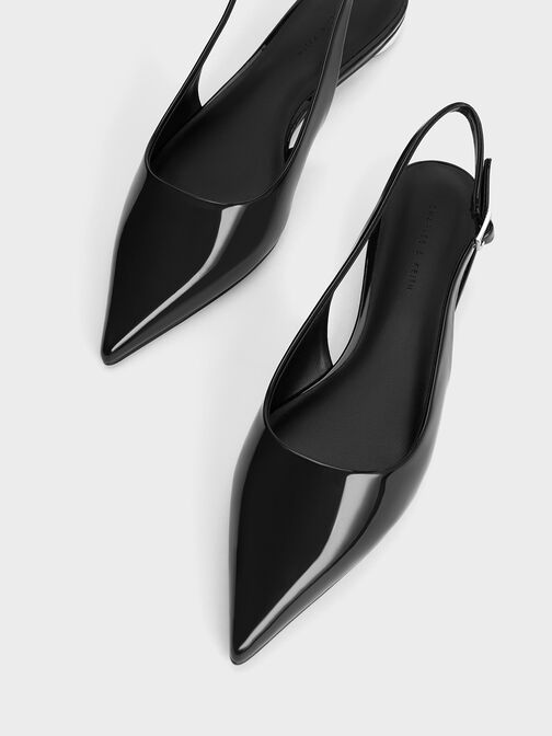 Patent Pointed-Toe Slingback Flats, หนังแก้วสีดำ, hi-res